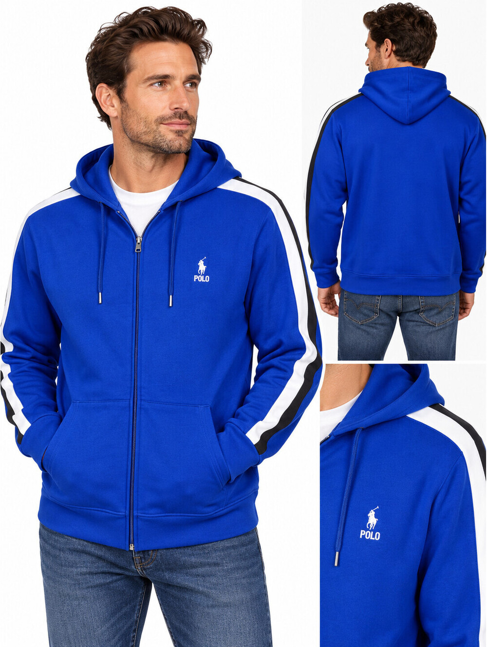 Polo Ralph Lauren Men’s XLT Blue Full Zip Hoodie White Black Stripe NWT $168
